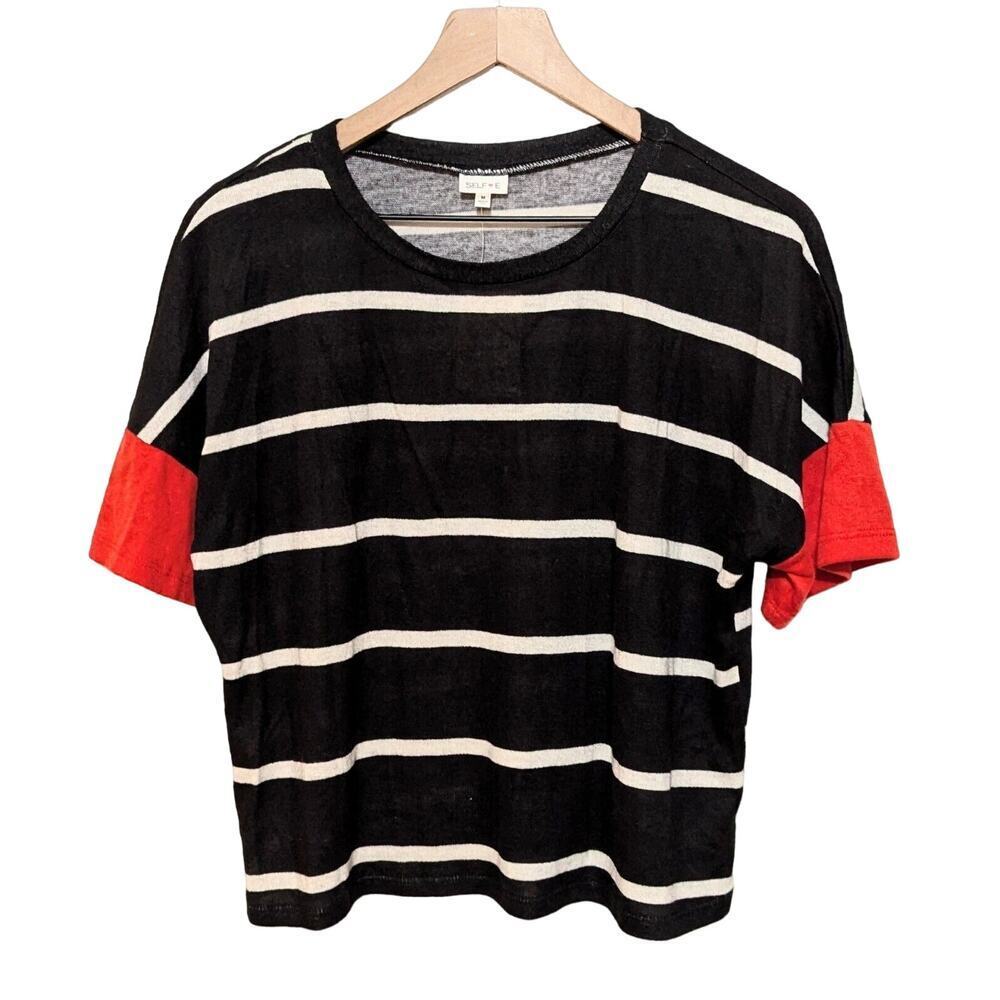 Self Esteem Top Juniors M Black White Striped Contrast Sleeve T Shirt Tee NWT